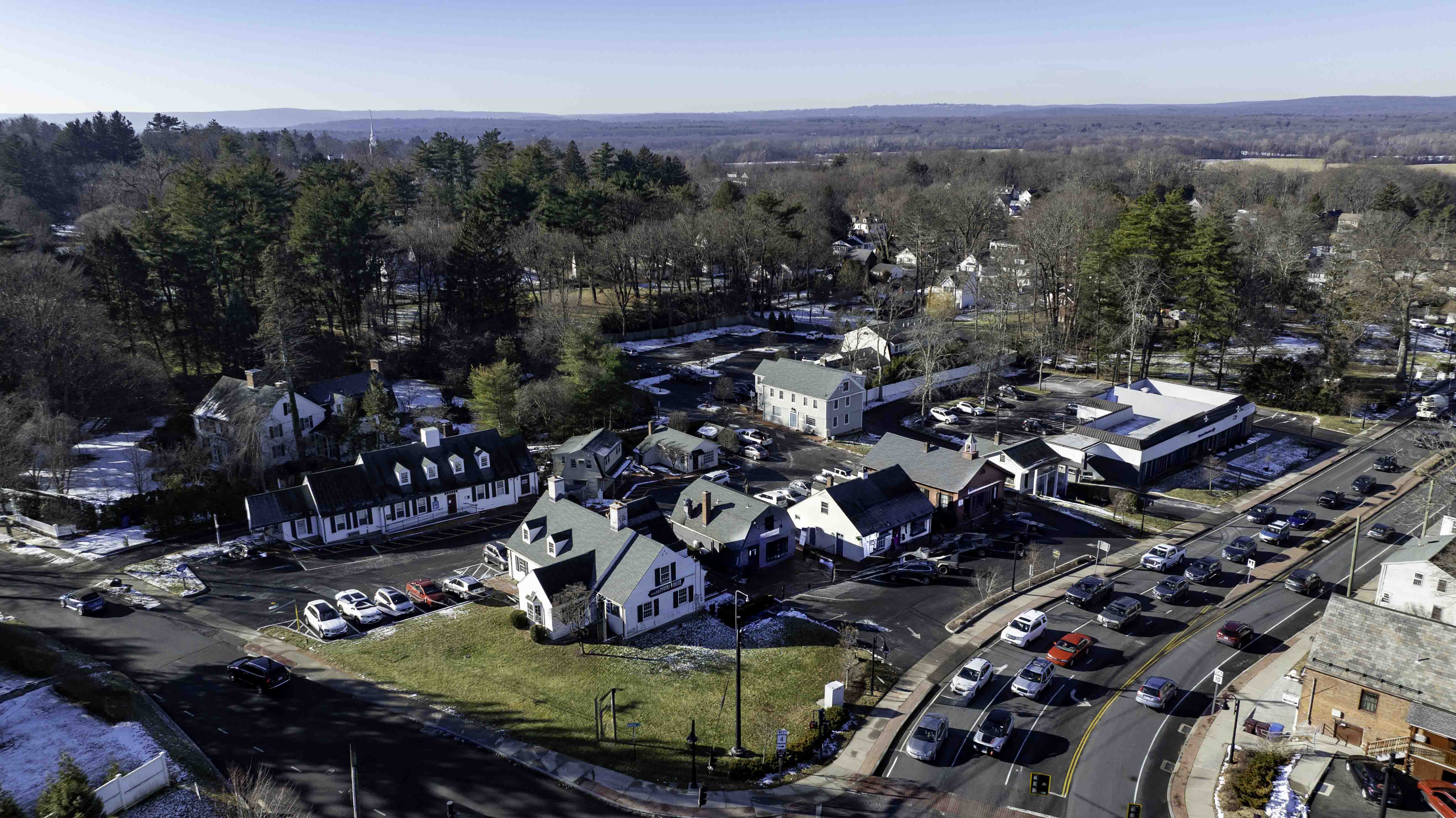Aerial view of Brickwalk Village center, Farmington CT