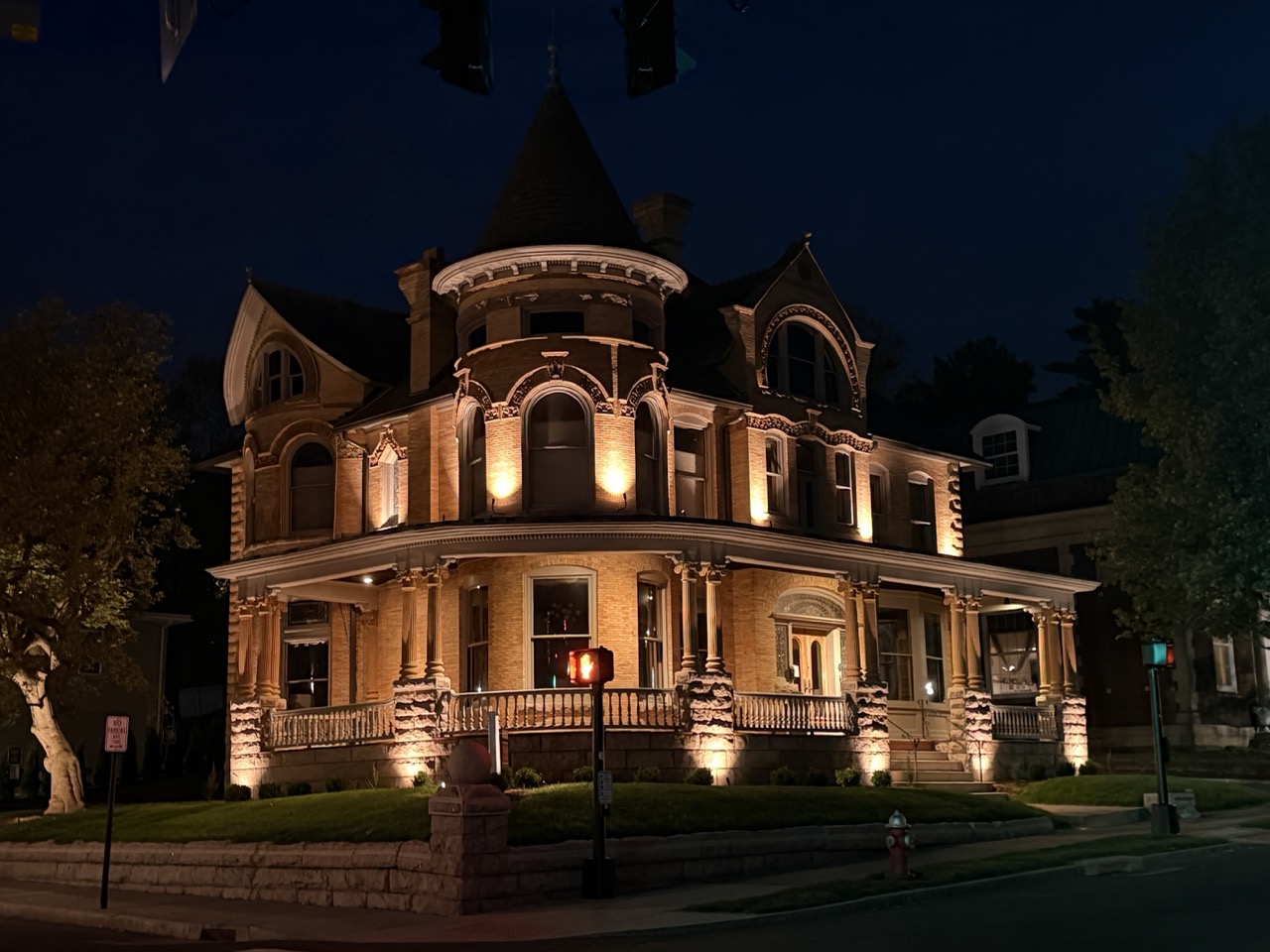 The Cadwell House illuminated at night, 130 West Main Street, New Britain, CT