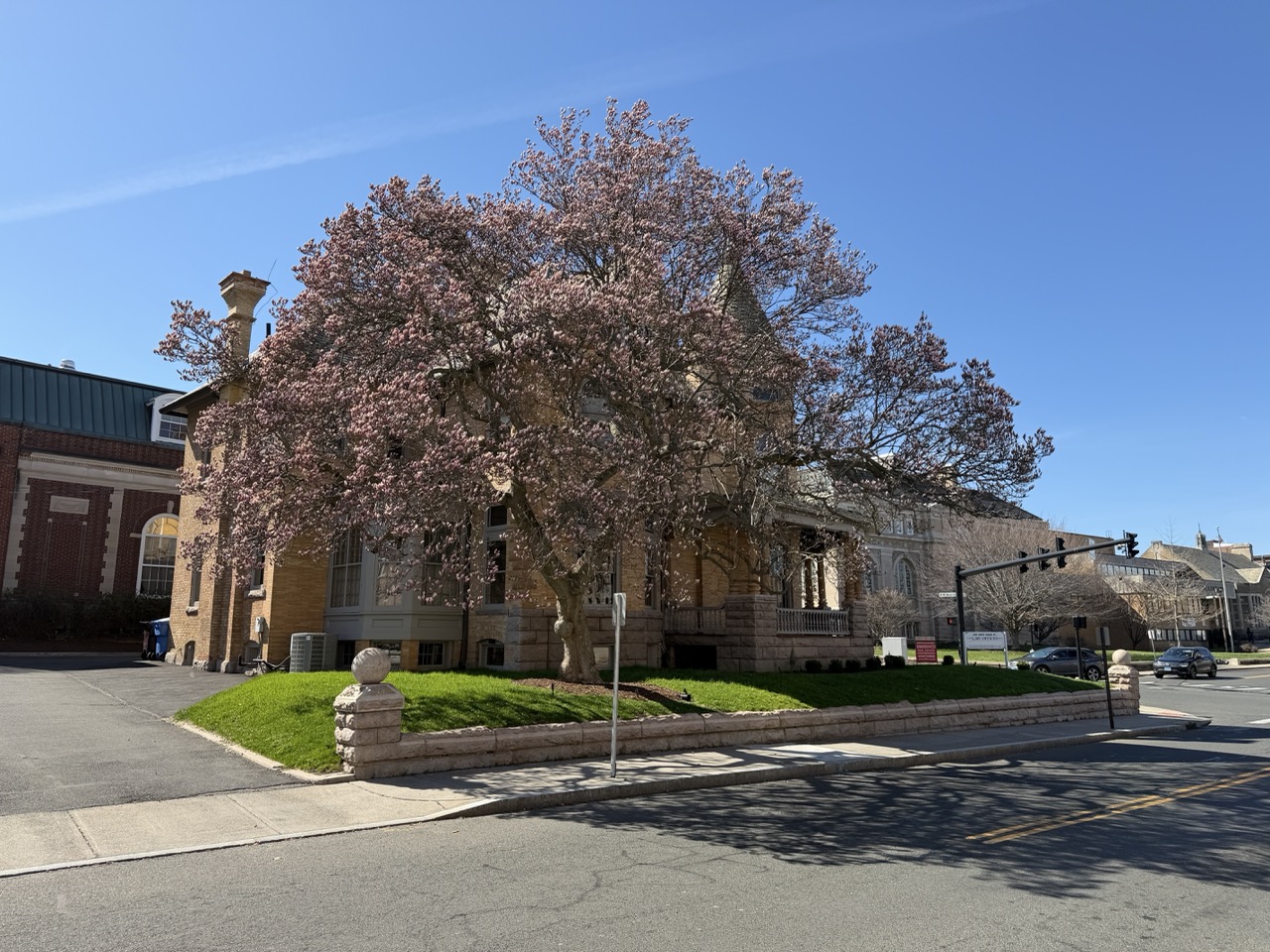The Cadwell House exterior in spring, 130 West Main Street, New Britain, CT
